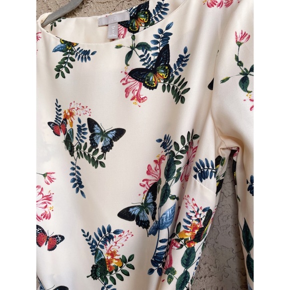 H&M Cream Blue & Pink Butterfly Floral Printed 3/4 Sleeve Belted Boatneck Dress - Picture 7 of 17